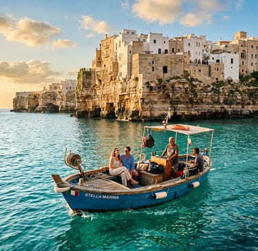 Wooden boat Stella Marina with tourists on turquoise Adriatic water near limestone cliffs