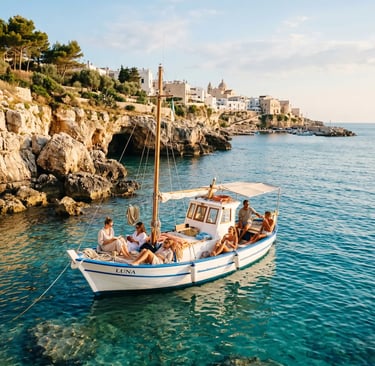 Small white boat Luna anchored in turquoise Adriatic water near Puglia coastline