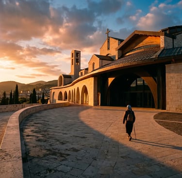 Elderly pilgrim with a cane walking alone toward the Padre Pio sanctuary at golden hour