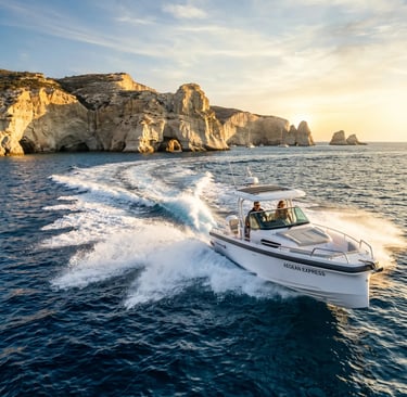 Onboard Mediterranean catering with grilled octopus, feta salad, and white wine on luxury boat Milos