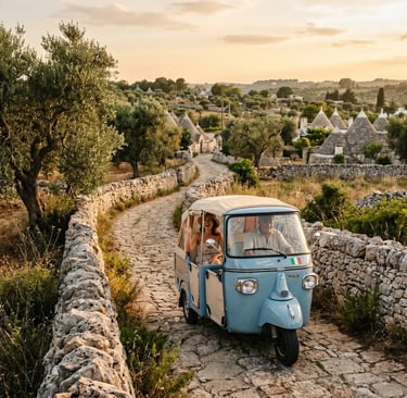 Vintage blue Ape Calessino driving narrow stone road surrounded by trulli Puglia