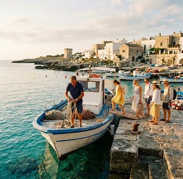 Skipper coiling rope as tourists board wooden boat at Torre Vado harbor, Puglia Italy