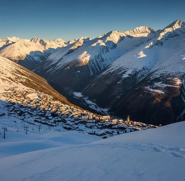 Sunlit panoramic view of a snowy alpine valley in Val d’Isère.
