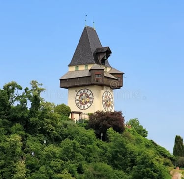 Graz Schlossberg clock tower above lush green trees under a clear blue sky