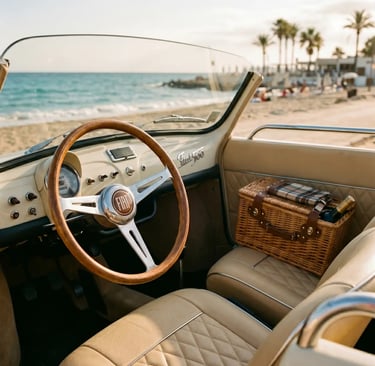 Vintage Fiat 500 interior with wooden steering wheel, cream leather seats and wicker picnic basket