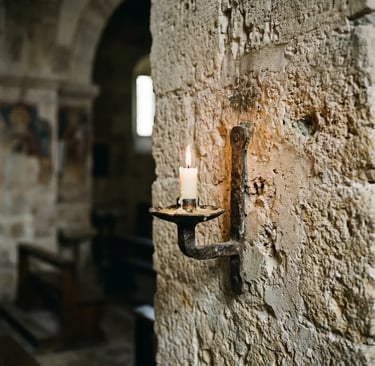 Single candle burning on iron wall mount against rough limestone church wall Italy