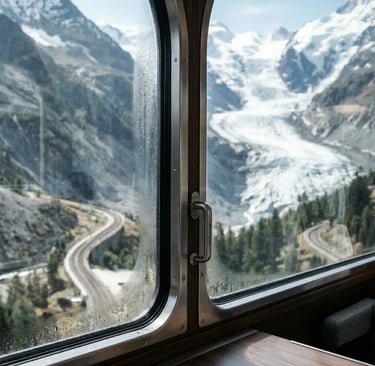  Close-up of train window with glacier and winding alpine road visible through condensation