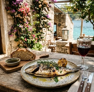 Grilled fish with rosemary and Plavac Mali wine at a stone konoba on Vis Island