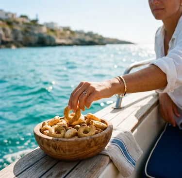Woman's hand picking taralli from wooden bowl on boat, turquoise Adriatic behind