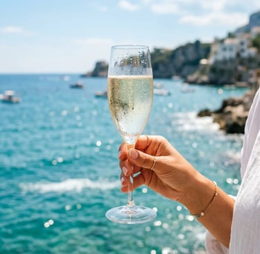 Woman holding cold prosecco glass on Adriatic Sea with rocky coastline in background