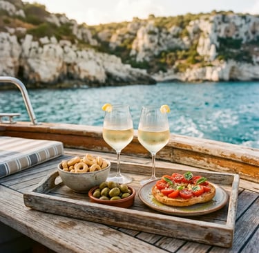 White wine, taralli, olives and frisella aperitif on wooden boat deck in Salento, Puglia