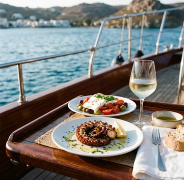 Couple lounging on premium boat deck with calm open Aegean Sea horizon Milos Cyclades Greece