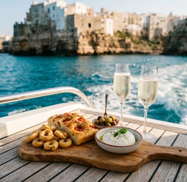 Apulian aperitif with focaccia, taralli, burrata and prosecco on yacht near Polignano a Mare cliffs