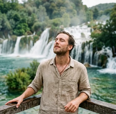 Man in linen shirt standing at Krka waterfall viewpoint with eyes closed, mist on face