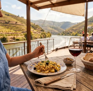 Bacalhau à brás and Douro red wine served on boat deck overlooking terraced vineyards
