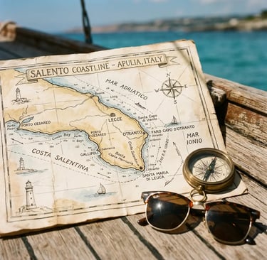 Vintage nautical map of Salento coastline Apulia with compass and sunglasses on boat deck