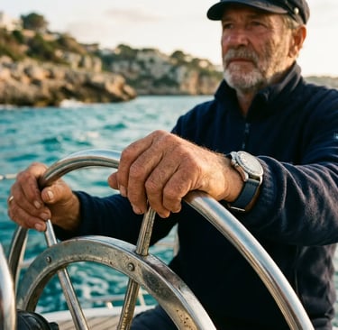 Experienced skipper gripping steel helm with Sardinian coastline in the background