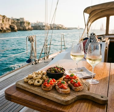 Bruschetta, taralli, olives and white wine on sailboat deck, Polignano cliffs behind