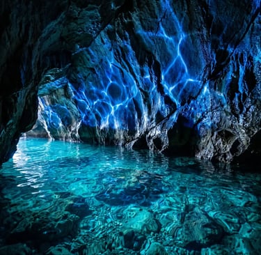 Electric blue light reflecting on limestone walls inside sea cave, Polignano a Mare