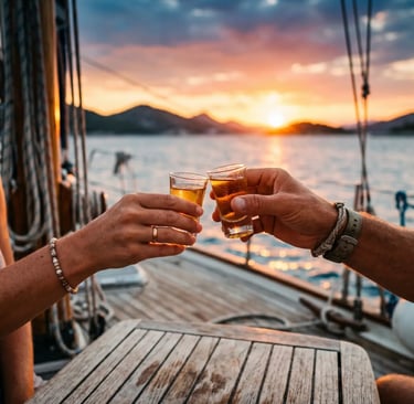 Two hands raising shot glasses on sailboat deck with Adriatic sunset in background