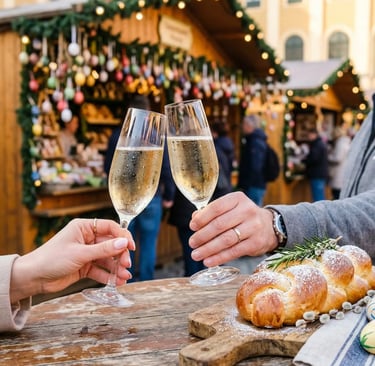 Two hands toasting Prosecco flutes at Vienna Easter Market with Osterpinze bread on wooden board