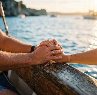 Close-up of couple's intertwined hands with wedding rings on boat at golden hour