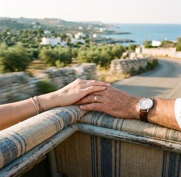 Two hands touching on Ape Calessino seat with Puglia coastline in background