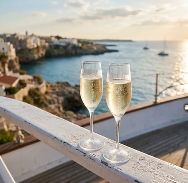 Two Prosecco flutes on white railing overlooking Puglia limestone coast at golden hour