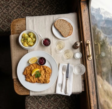 Overhead view of Wiener Schnitzel with white wine served in carriage