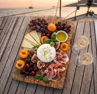 Wooden board with burrata, prosciutto, figs, cherries and Champagne on a boat deck at sunset