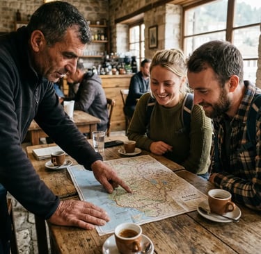 Local Albanian guide pointing at map with two tourists over espresso in stone café