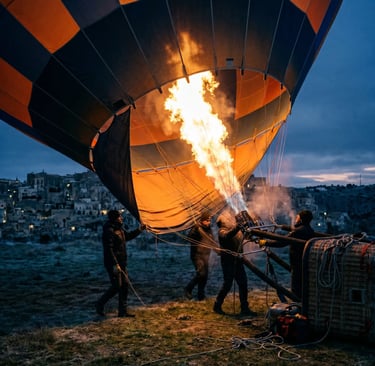  Crew inflating hot air balloon with burner flame at blue hour before sunrise flight in Matera Italy