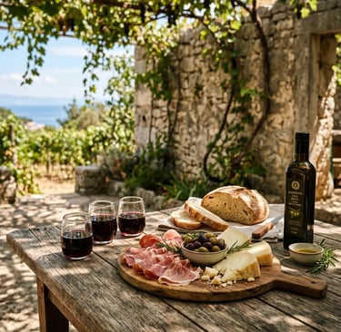 Colnago Winery tasting on Šolta with red wine, Dalmatian prosciutto, cheese, olives and olive oil