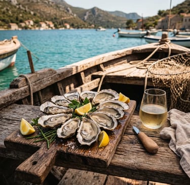 Fresh Mali Ston oysters with lemon and white wine on wooden boat in Pelješac bay, Croatia