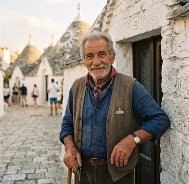 Elderly local guide standing in Alberobello trulli alley, Puglia Italy
