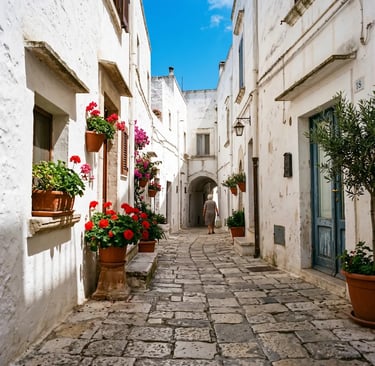 Elderly woman walking cobblestone street in Ostuni historic center Puglia Italy