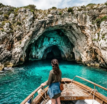 Woman on wooden boat approaching turquoise sea cave on Salento coast, Puglia Italy