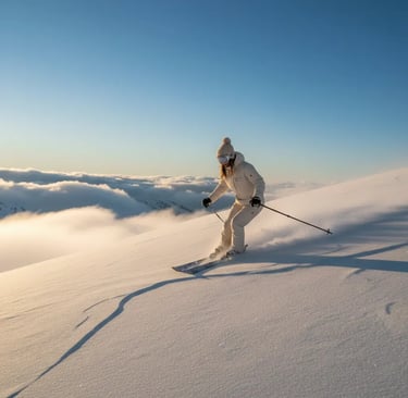 Aesthetic cream ski outfit for women snowboarding on a cloudy mountain peak, Amazon winter fashion.