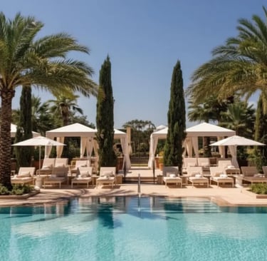 Luxury resort swimming pool in Orlando surrounded by palm trees and private white cabanas. The perfe