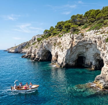 Limestone sea caves and cliffs along Salento coast near Santa Maria di Leuca lighthouse from tour boat