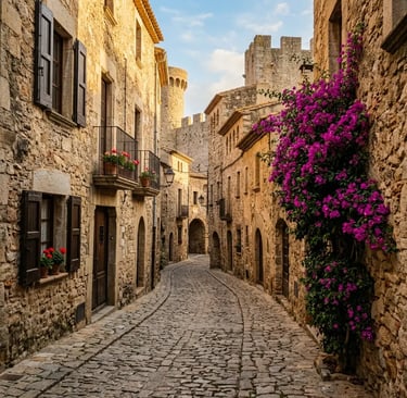 Cobblestone street inside Vila Vella walled old town in Tossa de Mar Costa Brava