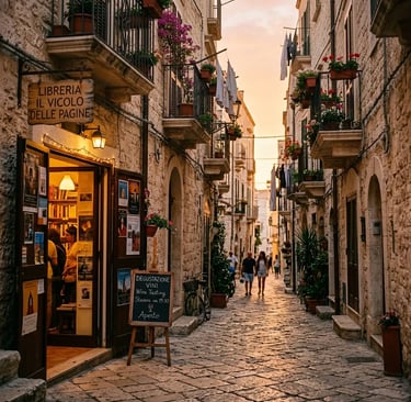 Golden hour cobblestone street in Bari Vecchia with bookstore entrance and wine tasting sign