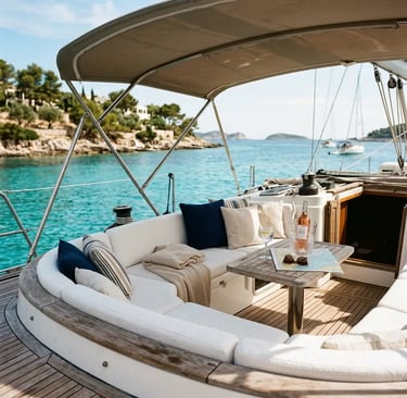 Shaded cockpit with sun cushions on private sailboat anchored in Menorca cove