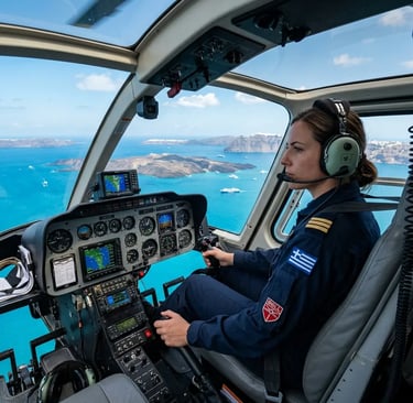 Professional pilot cockpit view during private helicopter flight over Santorini caldera