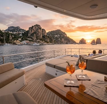 Sunset aperitif cocktails on luxury catamaran deck with Capri Island and Faraglioni rocks view