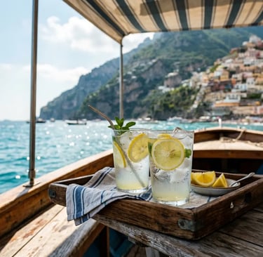 Fresh lemon drinks on wooden tray aboard boat with Amalfi Coast cliffs behind