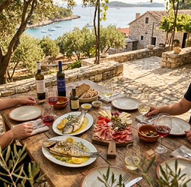 Traditional Croatian lunch with grilled fish wine and charcuterie at Colnago winery Pakleni