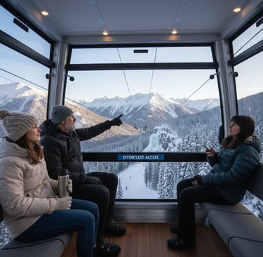 Passengers inside a ski gondola looking out at a panoramic view of snow-capped mountain peaks and ev