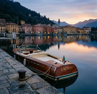 Classic Riva wooden boat moored at Como waterfront with pastel buildings at sunset