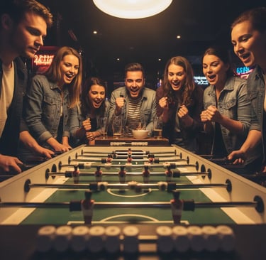 A group of friends laughing and playing foosball inside the lively Funky Fox pub in the French Alps.